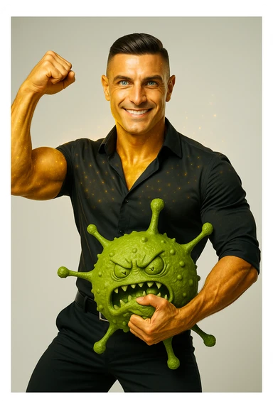 Un uomo atletico (30-40 anni) dalla pelle perfettamente liscia, senza cicatrici o imperfezioni, che emana un leggero bagliore dorato (metafora degli anticorpi).
Occhi brillanti con riflessi blu-verdi (simbolo di salute estrema).
Postura eroica, con un braccio sollevato in un gesto di forza, mentre con l'altro tiene un batterio gigante schiacciato come se fosse un mostro sconfitto. sticker