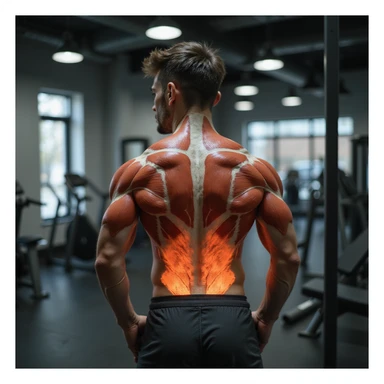 Italian man in gym in front of mirror, doing abdominal exercises; anatomical overlay showing involved muscles and fat reduction, realistic style, vertical 9:16 aspect ratio sticker