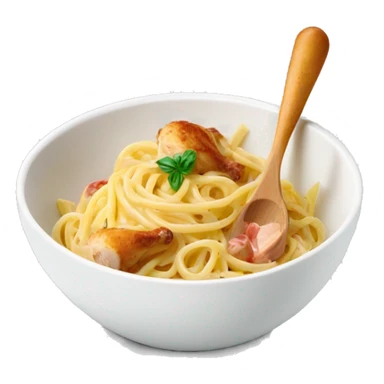 bowl of pasta carbonara with a chicken drumstick as a spoon, white background sticker