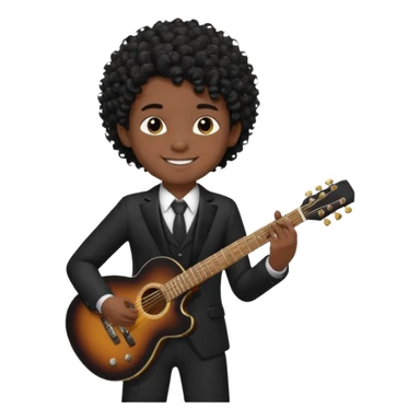 A boy with black fade curly hair Smiling and holdijg a guitar in a black suit  sticker