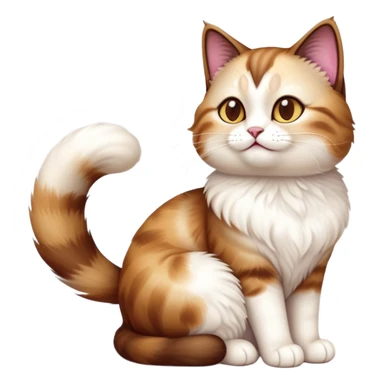 cinematic-[showshoe cat]-realistic-full-body-sitting-emoji,-tail-curled-playfully-around-its-paws,-head-tilted-dramatically,-fluffy-[brown and white]-fur,-simplified-yet-realistic-focused-features,-highly-detailed,-glowing-with-an-almost-sarcastic-glow sticker