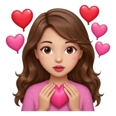 girl with long wavy brown hair, brown eyes, light to medium complexion, in a pink shirt, pink lips, long lashes, puckering up for a kiss, many  hearts in hand sticker