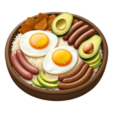 Bandeja Paisa Cinematic Realistic Bandeja Paisa Dish Emoji, depicted as a hearty platter featuring rice, beans, avocado slices, one sausage, a perfectly cooked egg, and crispy pork crackle, rendered with vivid textures and robust, inviting lighting. sticker