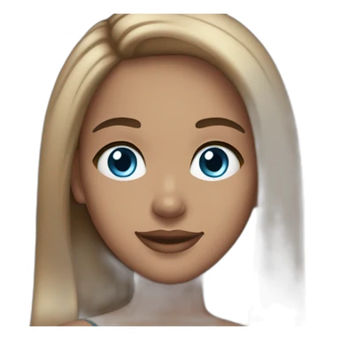 light skin woman, long straight brown hair, blue eyes, smile and makeup sticker