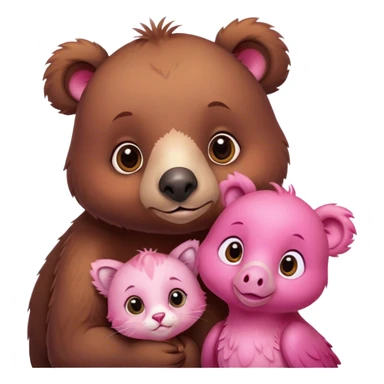 A cute brown bear and a realistic cute pink dodo closely together. They brought a brown kitten sticker