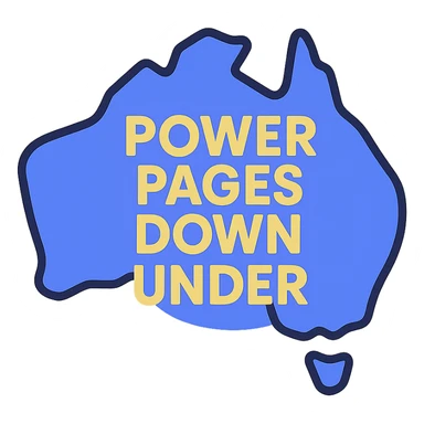 modern clean icon of Australia map with no border, text 'Power Pages Down Under' in bold geometric font, color scheme #403DAD, vibrant purple, #fff7ad, no Power Pages icon, no digital overlays sticker