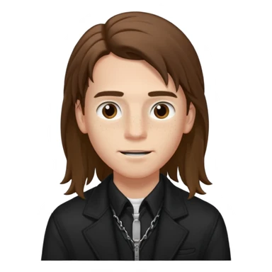 Un chico con pelo largo, que le llegue hasta las cejas, tiene pecas, brackets, ojos cafés oscuros y con una chaqueta negra sticker