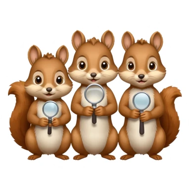 multiple cute squirrels each holding a huge magnifying glass, searching for something together, emoji style sticker