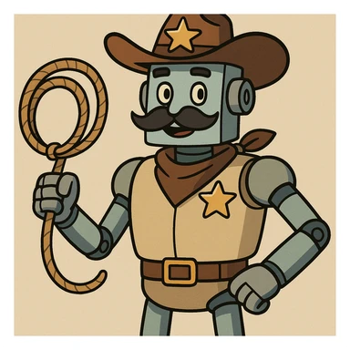 robot sheriff with a mustache, holding a lasso, wearing a sheriff hat, friendly expression, simple style sticker