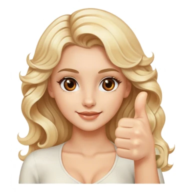 Luxury blonde model, brown eyes, wavy hair, thumbs up sticker