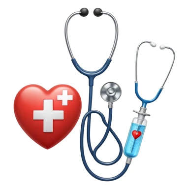 An icon featuring a stethoscope, a medical syringe, and a heart, symbolizing medicine. The design includes a caduceus, a first aid kit, and a microscope, representing the study of health, diagnosis, and treatments. Transparent background highlights the science of medical care and healing. sticker