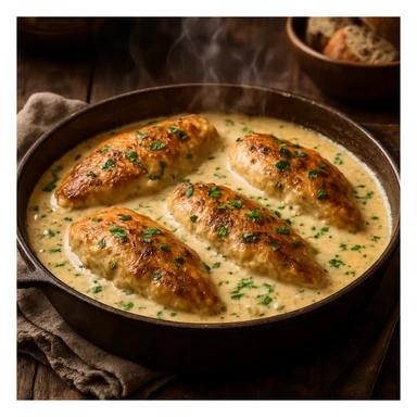 creamy chicken, steaming, rustic style, hearty meal, no text sticker