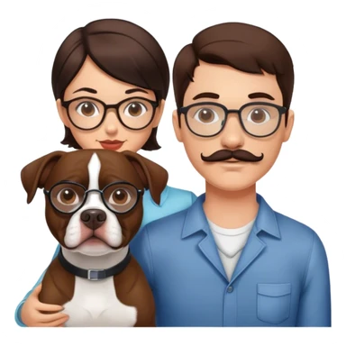 young couple brunette man w wire glasses and mustache and brunette girl with bob and a brown pitbull boston terrier  sticker