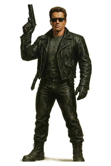 Full-body Terminator Arnold Schwarzenegger in leather jacket, holding a gun raised, realistic painted style sticker
