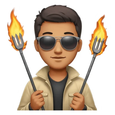A guy in sunglasses holding tongs, proudly turning skewers over glowing charcoal. sticker