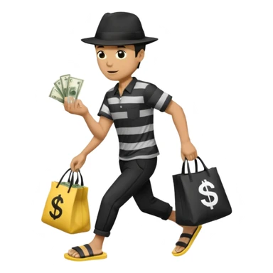 Make a man wear a black pant and he shirt is balck line and white line and wear a black hat and he holding a money bag and he running he wear a black eye thing no money in the Left hand and he yellow and the money bag in the right he wear a flip flop like this is Money bag 💰 NO MONEY sticker
