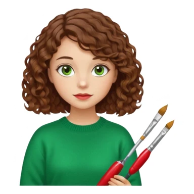 Девушка художник с кистью и палитрой с красками кудрявые коричневые волосы  стрижка каре Волосы средней длины зеленые глаза белая кожа красная кофта sticker