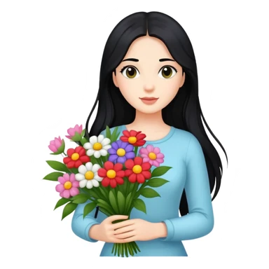 Beautiful girl with long black hair holding a bouquet of flowers sticker