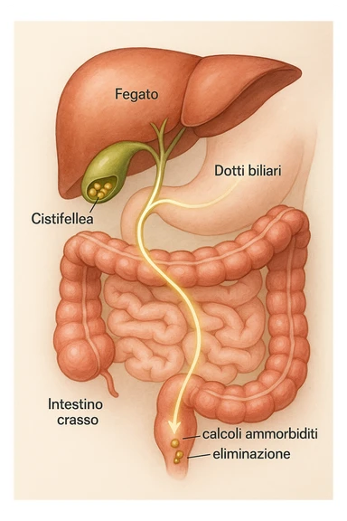 A realistic, educational medical illustration showing the human digestive tract focusing on the liver, gallbladder, bile ducts, and intestines. The gallbladder is depicted with small gallstones inside. A soft glowing arrow indicates the flow of bile and small stones moving naturally from the gallbladder through the bile ducts into the intestines. In the colon, small softened gallstones are shown being prepared for elimination, symbolizing their removal through bowel movements. The style is clean, precise, and clear with soft anatomical colors (greens, soft reds, and yellows) and faint glowing arrows to illustrate the process. The background is a subtle neutral gradient to keep the focus on the organs and the pathway. The image conveys the concept of natural gallstone elimination through the intestines via the stool in a clear, non-graphic, and educational way in italiano sticker