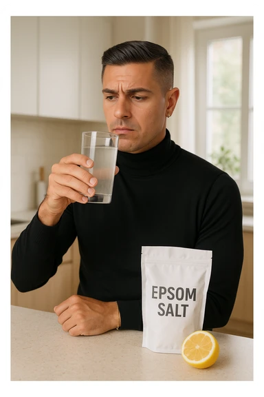 A realistic, bright photo-style image of a young man in his 30s standing in his kitchen, holding a clear glass filled with water in which Epsom salt (magnesium sulfate) has been dissolved. He looks focused but slightly uncertain as he prepares to drink it for a liver flush or digestive cleanse. The glass shows slight cloudiness from the dissolved salt. On the counter are a packet labeled 'Epsom Salt' and a sliced lemon, suggesting he might use it to mask the taste. The setting is clean, natural, and bright with neutral tones. The background shows sunlight streaming through a window, emphasizing a clean, minimalist health-focused environment. The mood conveys a realistic, calm moment of self-care with a hint of discomfort, illustrating a natural detox practice sticker