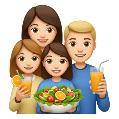 family holding salad and orange juice sticker