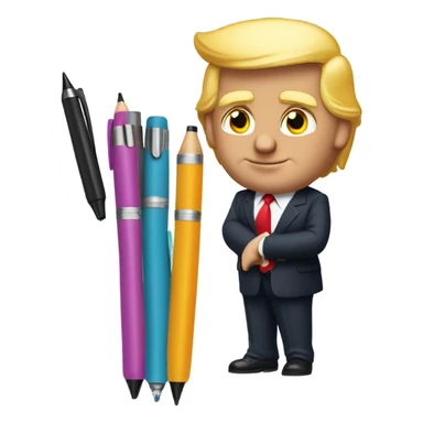 Donald trump wearing a suit with 6 pens in his suit pocket, and a pen in both hands sticker