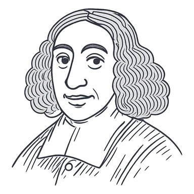 Add a bit more strokes to the Spinoza black outline icon to increase the hand-drawn character detail, keeping it clean and not overly busy. Maintain refined facial features, long curly hair, 17th-century collar, and even eyes. Transparent background. sticker