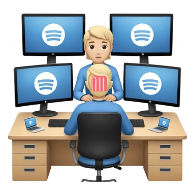 A stylized 3D avatar icon of a developer sitting at a desk, surrounded by three curved monitors floating around them. The screens show browser tabs, documentation, and code. sticker