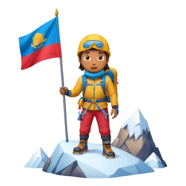 A 3D cartoon mountaineer standing on a snowy Everest-like summit with a flag, wearing colorful climbing gear, soft lighting, Memoji-style. sticker
