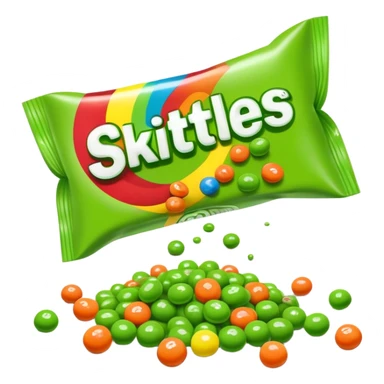Skittles candy package spilling all green round candies, same package design but only green Skittles sticker