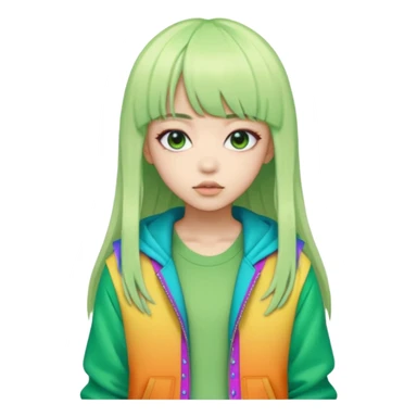  portrait-of-a-green skin alien-k-pop-idol,-wearing-a-stylish-streetwear-outfit-with-layered-colorful-clothing,-long-hair-with-bangs,-makeup,- sticker