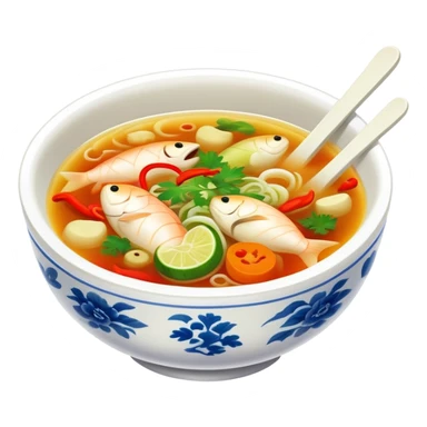 Guizhou sour fish soup with pickled vegetables, simplified emoji style with bold outlines and bright colors, cartoon style spicy sour fish dish sticker