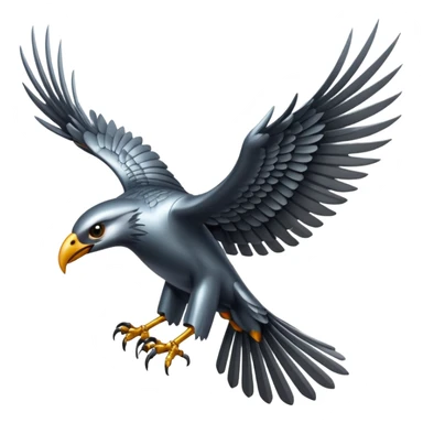 Emoji-style icon of a large metallic predatory bird flying, sharp wings, steel texture, dramatic pose, dark background sticker