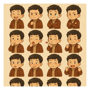 Convert the image into a set of chibi stickers (4x4 grid) outfit similar to this one including expressions of laughing being angry, crying, sulking, thinking, being sleepy, blowing kiss,winking, being suprised sticker