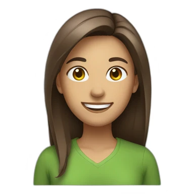 Woman with straight brown hair, big smile, green shirt sticker