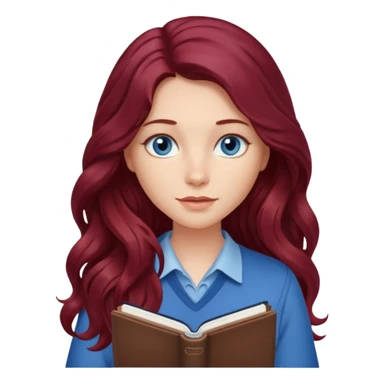 girl with long wavy burgundy hair, blue eyes and a notebook sticker