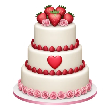 white wedding cake with strawberries, pink roses, heart topper sticker