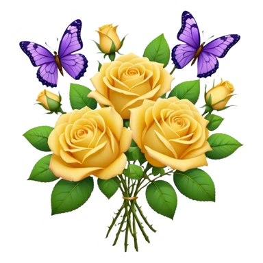 Bouquet of yellow roses. Purple butterflies are flying near it.  sticker