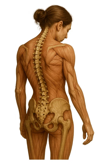 donna di spalle con spina dorsale in evidenza, postura storta, spalle chiuse in avanti, iperrealistica 4k sticker