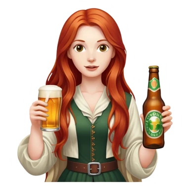 Character with flowing long red hair and a beer bottle sticker