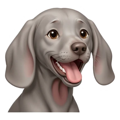 cinematic-cute-yawning-weimaraner-portrait-emoji,-head-tilted-slightly-with-a-dramatic,-wide-open-yawn,-revealing-a-sleek grey fur-with-a-subtle-shimmer,-floppy-ears-slightly-drooping,-round-brown-eyes-barely-open-in-drowsy sticker