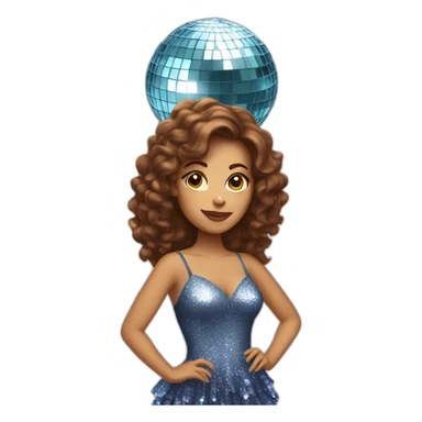 female with brown wavy hair dressed in a party dress and disco ball sticker