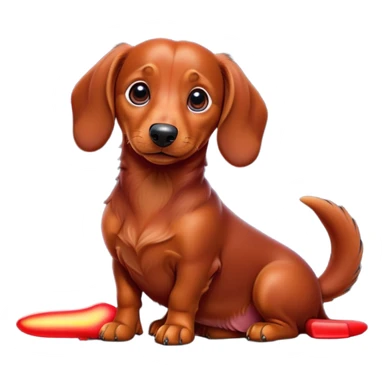 cinematic-[dachshund dog]-realistic-full-body-sitting-emoji,-tail-resting-loosely-beside-its-paws,-head-tilted-dramatically,-sleek-[red]-fur,-simplified-yet-realistic-focused-features,-highly-detailed,-glowing-with-an-almost-sarcastic-glow sticker