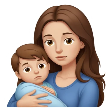Exhausted mom with long brown hair and baby boy sticker