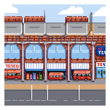 Isometric view of a British supermarket building with red brick facade, Tesco-style signage, shopping trolleys, and small parking area with double-decker bus visible sticker