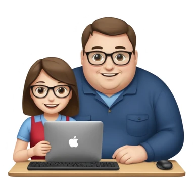 A girl helping a really fat man on the computer sticker