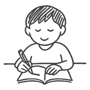 student studying, hand drawn style, simple lines, desk and pencil sticker