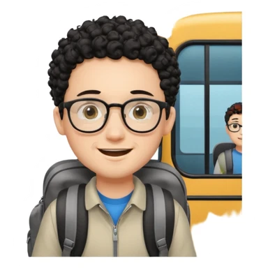 A young boy DEVELOPER WITH A backpack, black curly short hair, wearing glasses, a thin goatee, his skin is white, riding a bus sticker