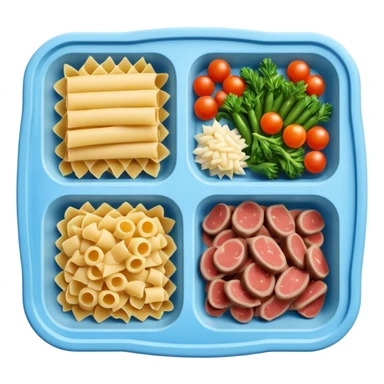 frozen meal tray rectangular 2-3 compartments frozen pasta vegetables meat frosty ice crystals muted colors firm uncooked dark simple tray no branding no utensils no packaging soft lighting transparent background emoji scale sticker