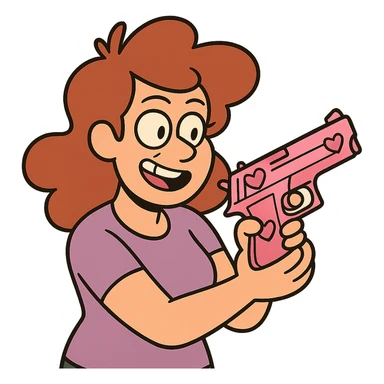 pink pistol with heart motifs, cartoonish and friendly sticker